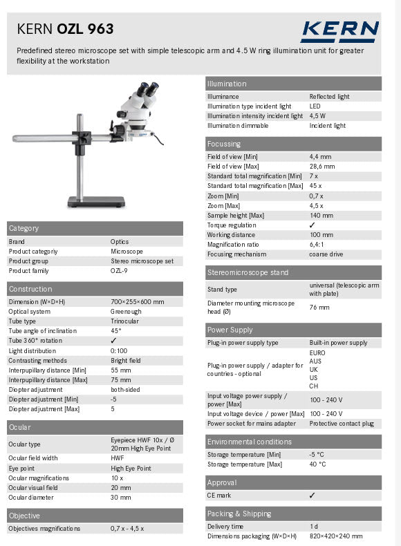 Kern Stereo Microscope Set OZL 963, Trinocular 10x Eye pieces, 0.7-4.5X universal (telescopic arm with plate)
