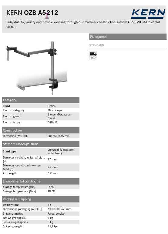 Kern Stereomicroscope Stands OZB A5212 universal (jointed arm with clamp) Dimension (W×D×H) 80×553×515 mm
