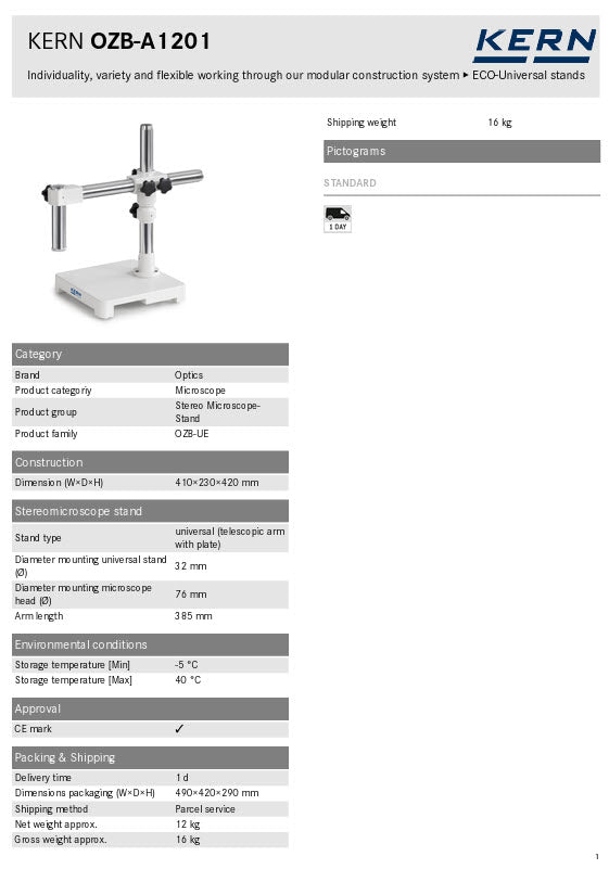 Kern Stereomicroscope Stands OZB-A1201 universal (telescopic arm with plate)  Dimension (W×D×H)	410×230×420 mm