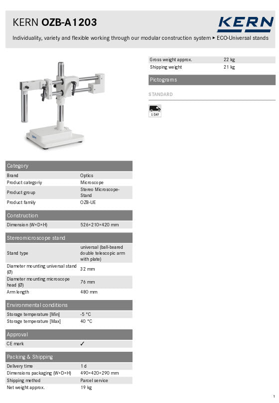 Kern Stereomicroscope Stands OZB-A1203 universal (ball-beared double telescopic arm with plate) Dimension (W×D×H) 526×210×420 mm
