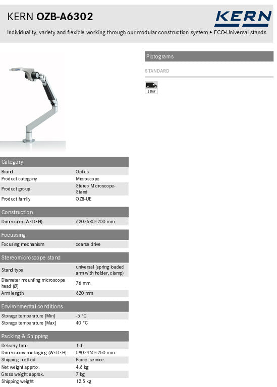Kern Stereomicroscope StandsOZB-A6302 universal (spring loaded arm with holder, clamp)Focusing mechanism coarse drive, Dimension (W×D×H) 620×580×200 mm