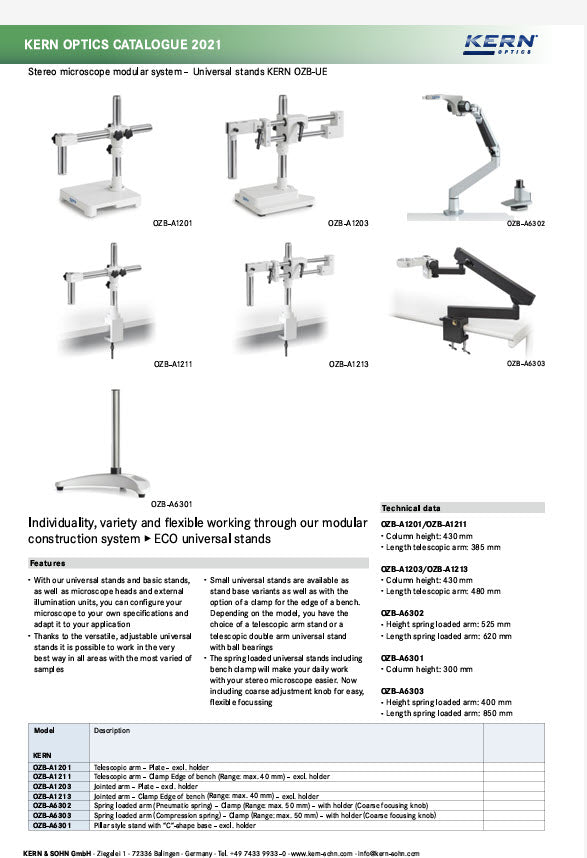 Kern Stereomicroscope Stands OZB A5203 Universal Stand with ball bearing mounted double arm Dimension (W×D×H) 254×545×515 mm