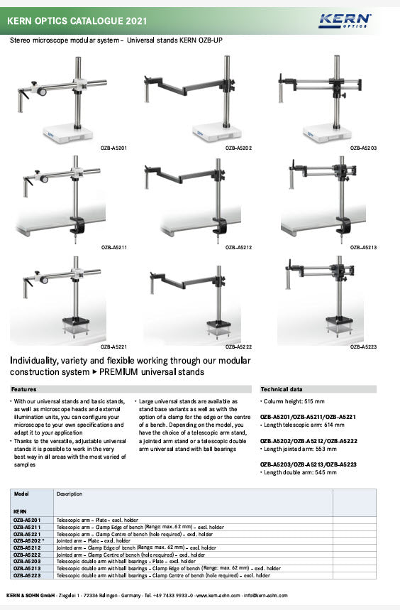 Kern Stereomicroscope Stands OZB A5203 Universal Stand with ball bearing mounted double arm Dimension (W×D×H) 254×545×515 mm