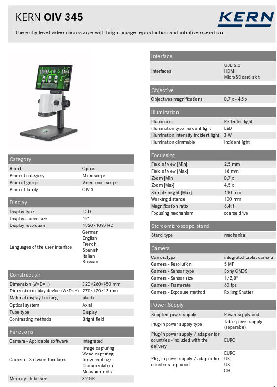 Kern Video microscope OIV 345, Zoom 0.7 - 4.5X, Camera 5MP, Illumination 3W LED Ring, Output HDMI (60FPS)/USB