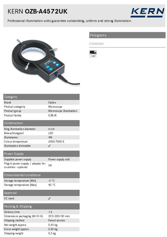 Kern Microscope Ring Illuminators OZB-A4572UK, 4W LED, Inside Diameter 60mm Segmental Illumination