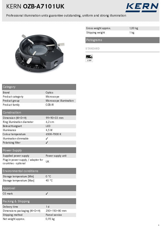 Kern Microscope Ring Illuminators OZB-A7101UK, 4.5W LED, Inside Diameter 62mm Polarising Filter