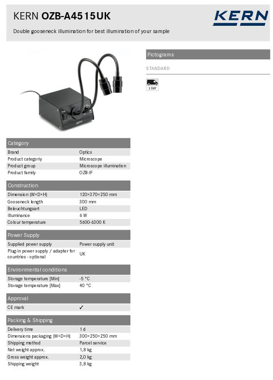 Kern Gooseneck Illumination OZB-A4515UK,  Illuminance 6 W, Colour temperature 5600-630Gooseneck length 300 mm0 K,