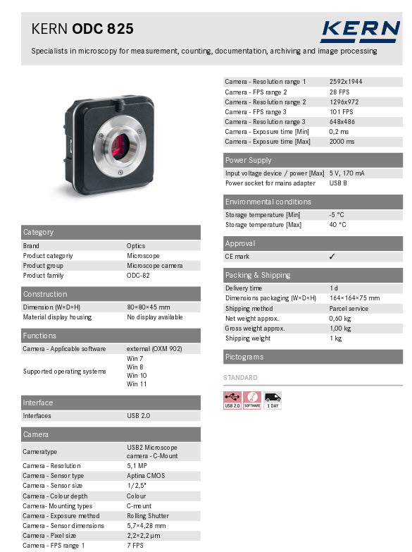 Kern Microscope camera ODC 825 Resolution 5,1 MP, Sensor type Aptina CMOS, Pixel size	2,2×2,2 µm