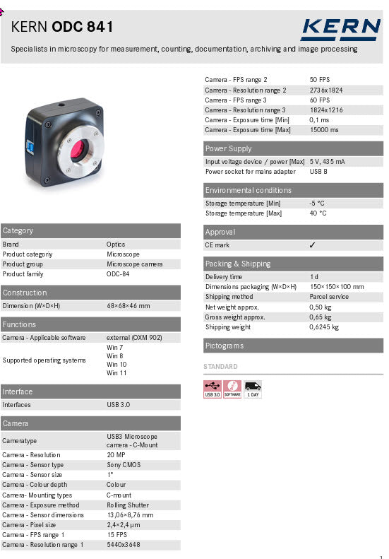 Kern Microscope camera ODC 841 Resolution 20MP, Sensor type Sony CMOS, Pixel size 2,4×2,4 µm