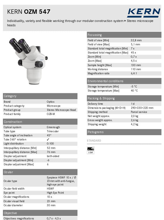Kern Stereo zoom microscope head OZM 547, Tube type Trinocular Ocular magnifications 10 x, Magnification 0,7 x 4,5 x