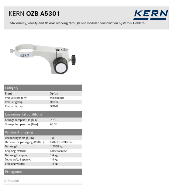 KERN® Holder OZB-A5301, Diameter mounting universal stand (Ø) 25 mm Diameter mounting microscope head (Ø)	76 mm