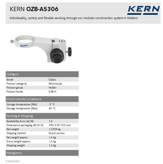 KERN® Holder OZB-A5306, Diameter mounting universal stand (Ø) 25 mm Diameter mounting microscope head (Ø) 76 mm