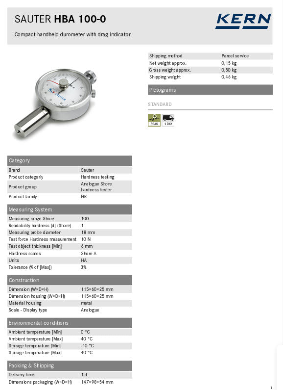 KERN® Analogue Shore hardness tester HBA 100-0, Measuring range Shore [Max]	100 HA Readability Shore [d] 1 HA Tolerance (% of [Max]) 3%