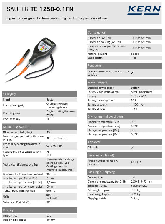 KERN® Coating thickness gauge - FE/NFE extern TE 1250-0.1FN, Max (µm) 100 µm; 1250 µm, readout (µm) 0,1 µm; 1 µm