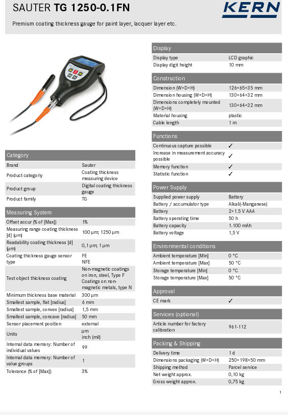 KERN® Coating thickness gauge - FE/NFE intern TG 1250-0.1FN, Measuring range coating thickness [d] (µm)100 µm; 1250 µm