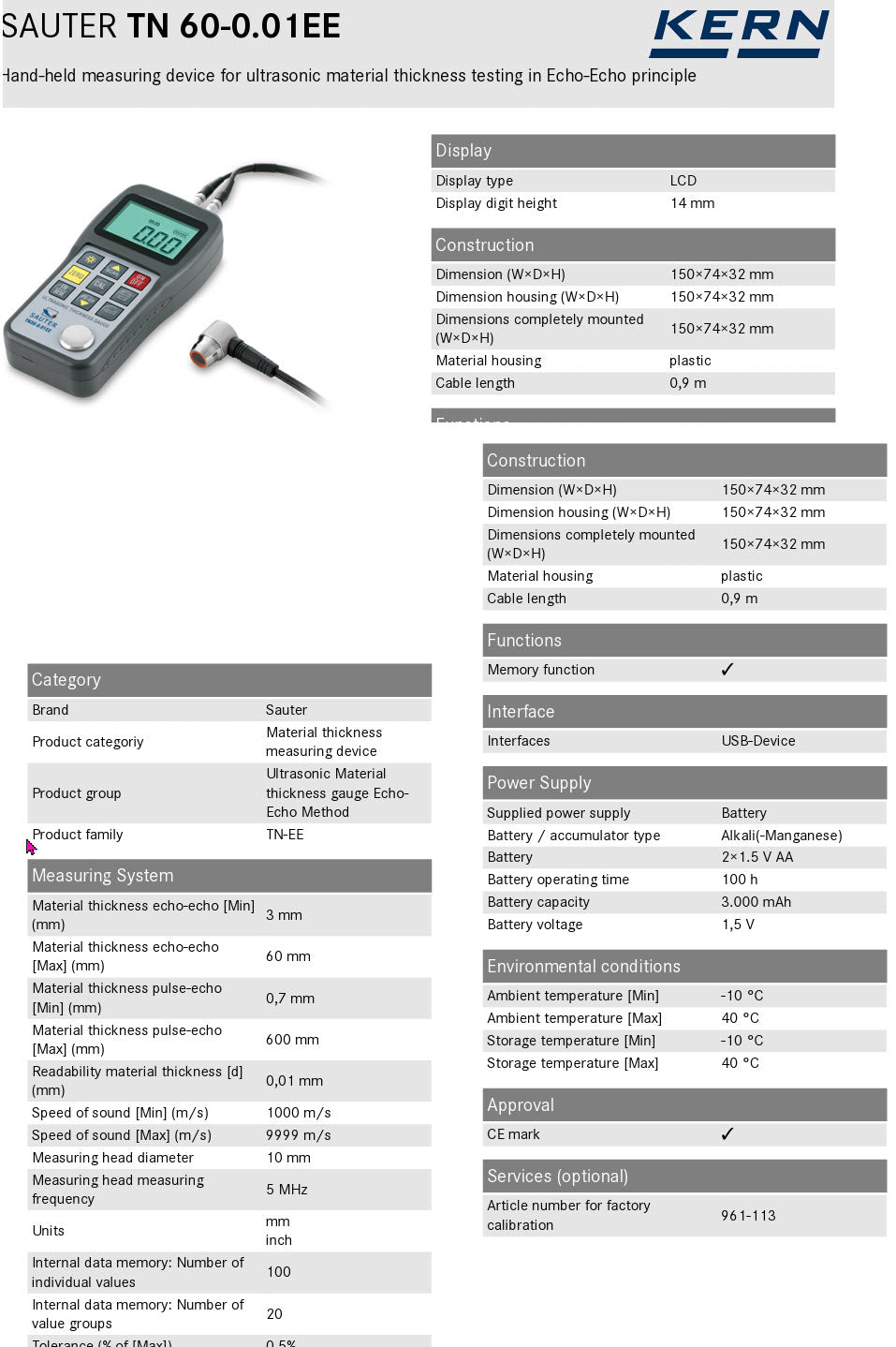 KERN® Ultrasonic Thickness Gauge external TN 60-0.01EE, Material thickness pulse-echo [Max] (mm) 600 mm