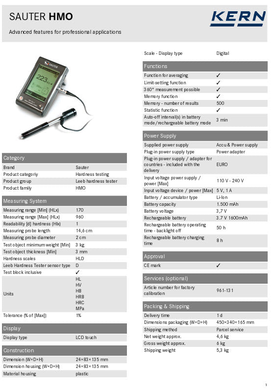 KERN® Leeb hardness tester HMO Measuring range Leeb 170 – 960, Units HL, HV, HB, HRB, HRC, MPa