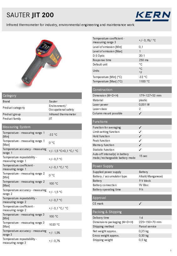 KERN® Infrared thermometer JIT 200 Temperature [Min] (°C)-32 °C Temperature [Max] (°C) 1100 °C