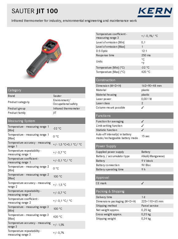 KERN® Infrared thermometer JIT 100  Temperature [Min] (°C) -32 °C Temperature [Max] (°C) 420 °C