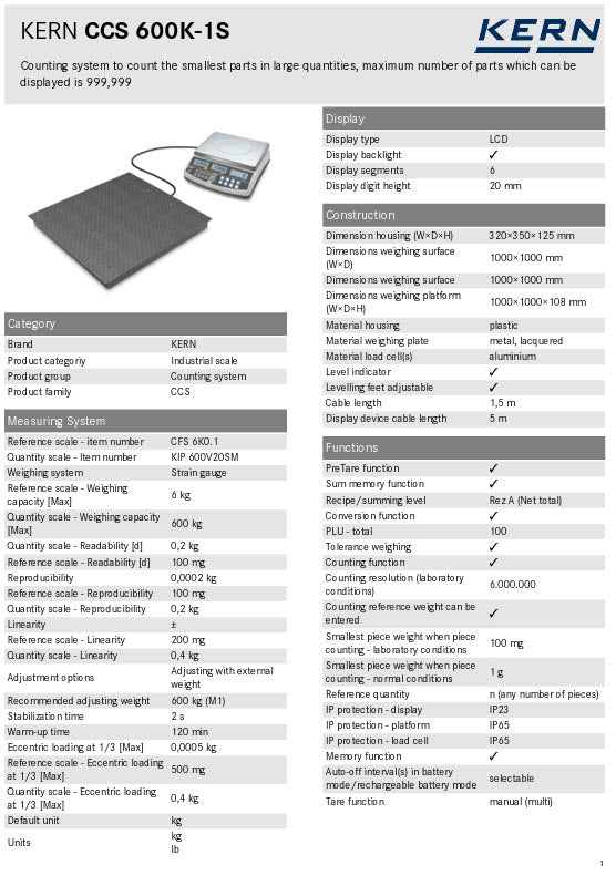 KERN® Counting system CCS 600K-1S, Weighing range 600 kg / 6 kg, Readout 0,2 kg / 0,0001 kg