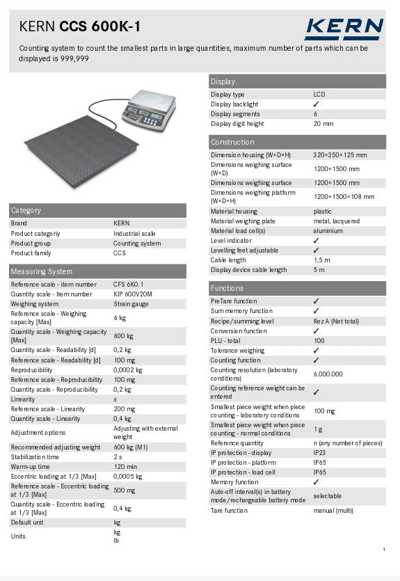 KERN® Counting system CCS 600K-1 Quantity scale - Weighing capacity [Max] 600 kg