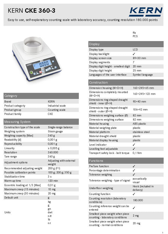 KERN® Counting scale CKE 360-3, Weighing range 360 g, Readout 0,001 g