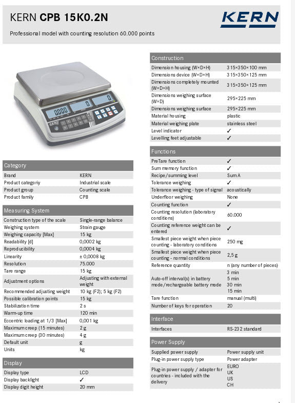 KERN® Counting balance CPB 15K0.2N, Weighing range 15 kg, Readout 0,2 g