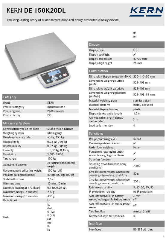 KERN® DE 150K20DL, Weighing range 60 kg; 150 kg, Readout 20 g; 50 g