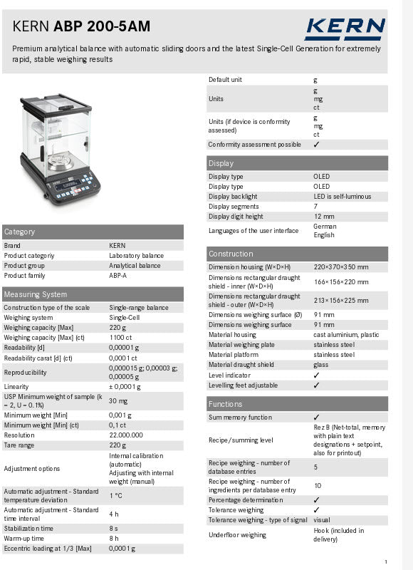 KERN® Analytical balance ABP 200-5AM  Weighing capacity [Max] 220 g Weighing capacity [Max] (ct) 1100 ct, Readability carat [d] (ct) 0,0001 ct