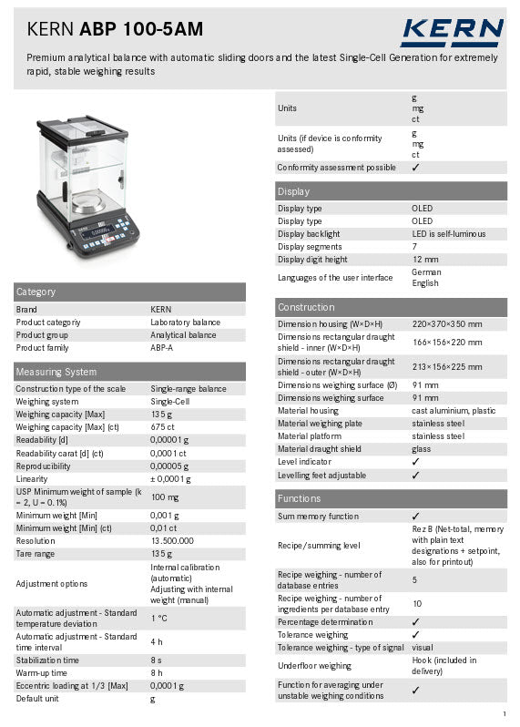 KERN® Analytical Balance ABP 100-5AM, Weighing range 135 g, Readout 0,00001 g