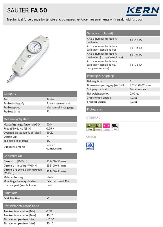 KERN® Mech. force gauge FA 50, Max N 50 N, Readout 0,25 N