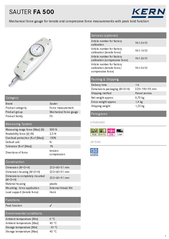 KERN® Mechanical force gauge FA 500 Measuring range force [Max] (N)	500 N Readability force [d] (N) 2,5 N