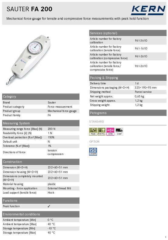 KERN® Mechanical force gauge FA 200 Measuring range force [Max] (N)	200 N Readability force [d] (N)	1 N