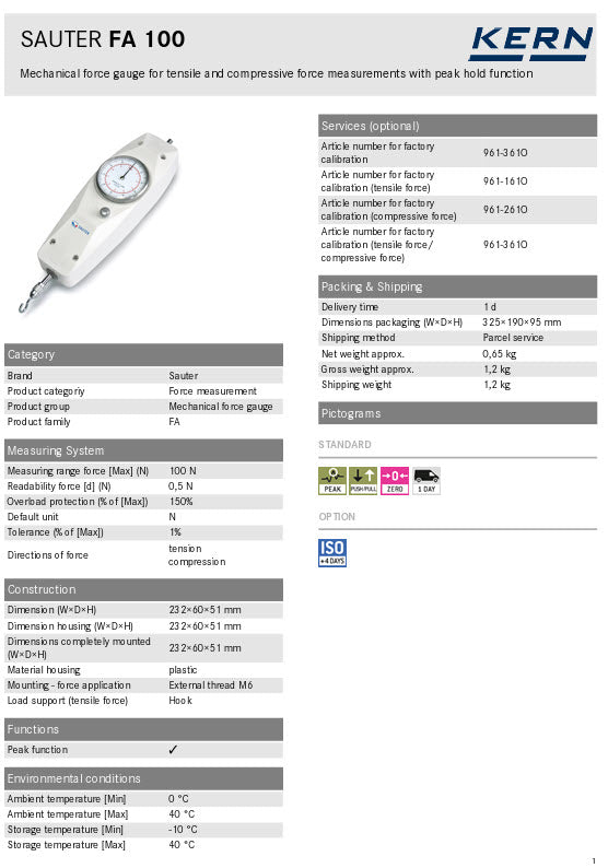 KERN® Mechanical force gauge FA 100 Measuring range force [Max] (N) 100 N Readability force [d] (N) 0,5 N