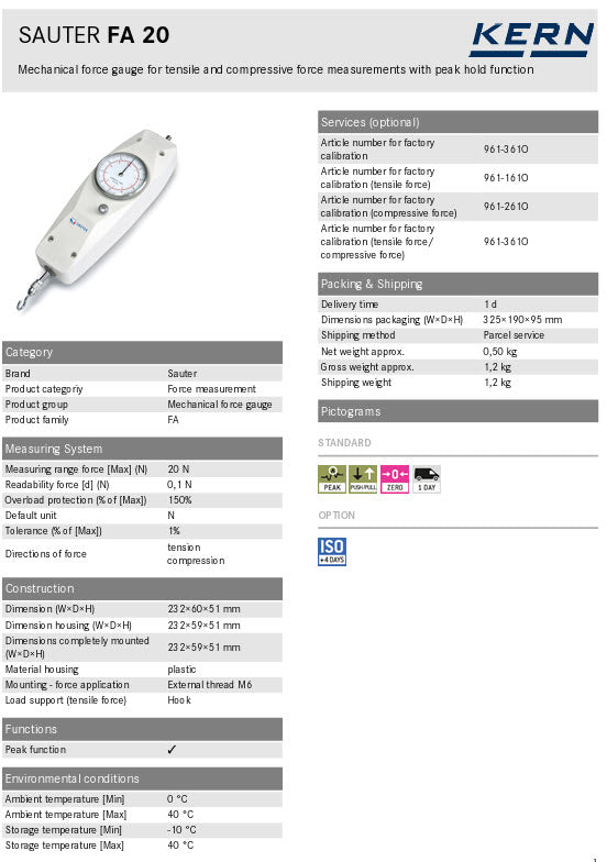 KERN® Mechanical force gauge FA 20  Measuring range force [Max] (N) 20 N Readability force [d] (N) 0,1 N