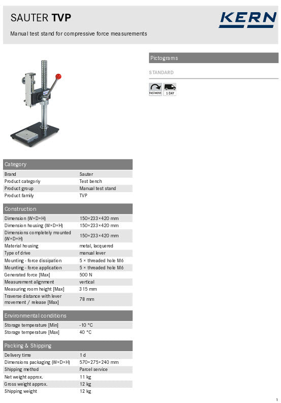 Kern Manual test stand, one guide column TVP Generated force [Max] 500 N Type of drive manual lever