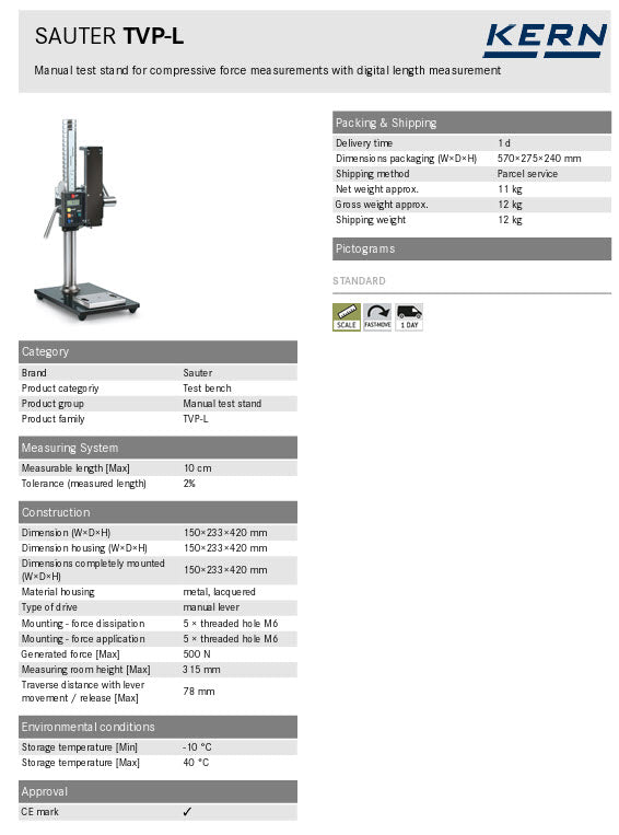 Kern Manual test stand, one guide column TVP-L Generated force [Max] 500 N Type of drive manual lever, With DRO