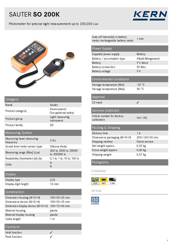 Kern Light measuring instrument SO 200K Measuring range [Max] (Lux) 200 lx; 2000 lx; 20000 lx; 200000 lx