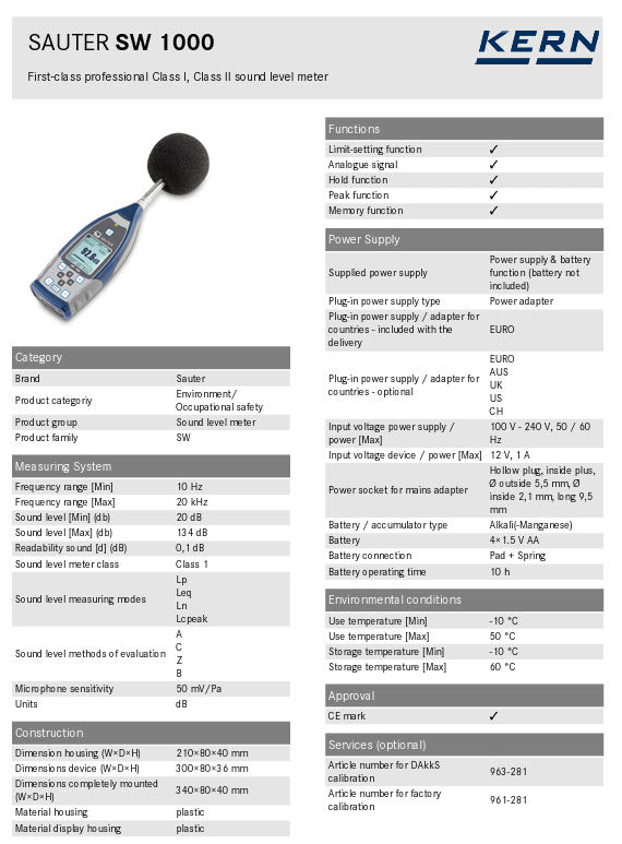 Kern Sound Level Meter SW 1000 Measuring range Sound 20 dB – 134 dB Readability sound [d] (dB)0,1 dB