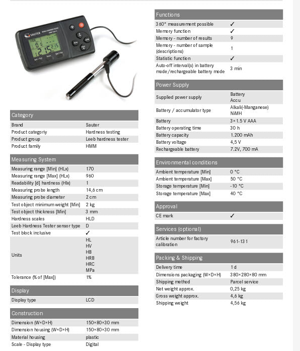 Kern Leeb hardness tester HMM Measuring range Leeb 170 – 960 Readability [d] hardness (Hlx) 1