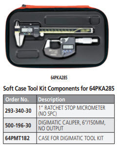 Mitutoyo Soft Case Tool Kit Components for 64PKA285 64PKA285 Mitutoyo Soft Case Tool Kit, Digital Micrometer 1"/25mm, Digital Caliper 6"/150 mm