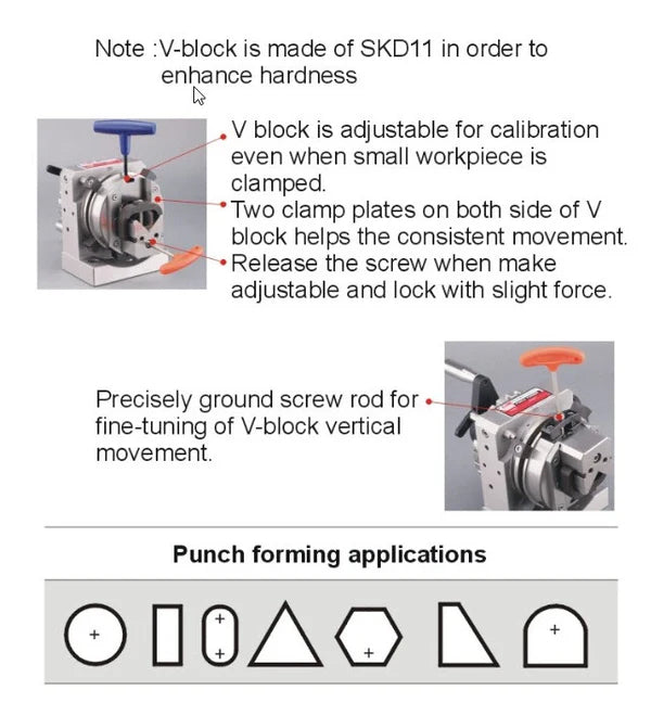 PFH350 Precision Punch Former Center height 85+0.5mm Clamping dia. range of V-block Ø3~38mm Travel of V-block 30mm Indexer tooth q'ty & accuracy 24、15°±5" Clamping accuracy (50mm) 0.005mm Through hole diameters Ø36mm