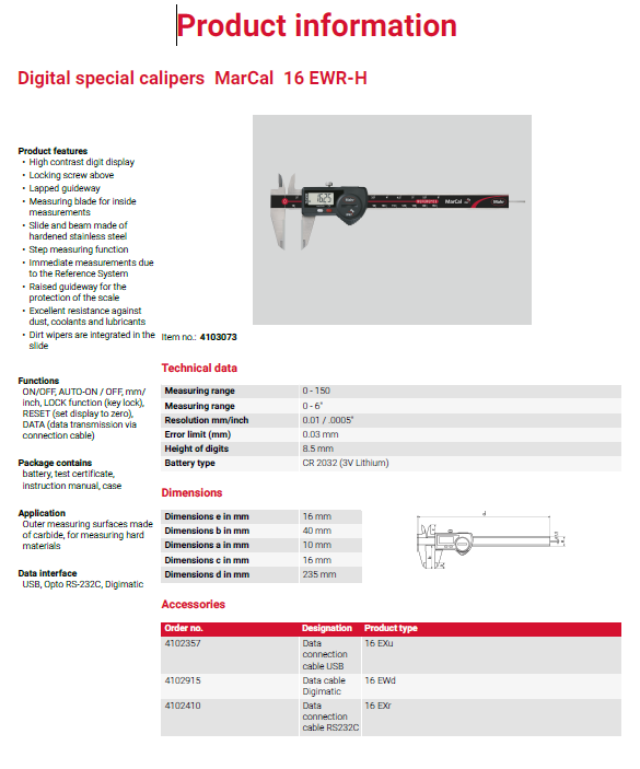 Mahr 4103073 16 EWR-H Carbide outside thickness Digital Caliper; 6"-150mm
