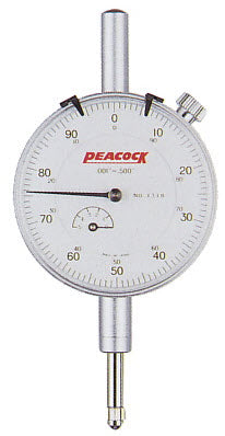 Peacock 1310 Dial Indicator, 0-.5" Range, 0.001" Resolution, +/-0.001" Accuracy, 0-100 Dial Reading, With Lug Back, White Face
