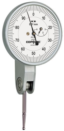 Compac, Brown & Sharpe TESA Long Stylus 212GL Lever Dial Test Indicator, Horizontal Type, M1.6 Thread, 4mm Stem Dia., White Dial, 0-50-100 Reading, 40mm Dial Dia., 0-3mm Range, 0.01mm Graduation, +/-0.026mm Accuracy, Long Stylus 36mm