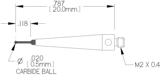 PART NO: 266-.5 CMM Replacement Stylus M2 Thds, 20.0mm Range Length, Ø.5mm Carbide Ball on Ø.38mm Carbide Stem X 3.0mm E.W.L.