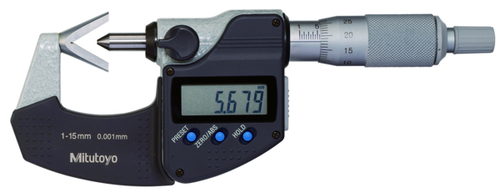 Mitutoyo Digital 3 Flute V-Anvil Micrometer 1.27-15.24mm/0,05-0,6", with Groove 314-351-30