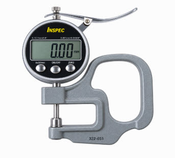 Inspec 322-031 Digital thickness Gauge Accuracy: .03mm/.001" Range: 12.5mm/.5" Resolution: .01mm/.0005" Throat Depth: 30mm