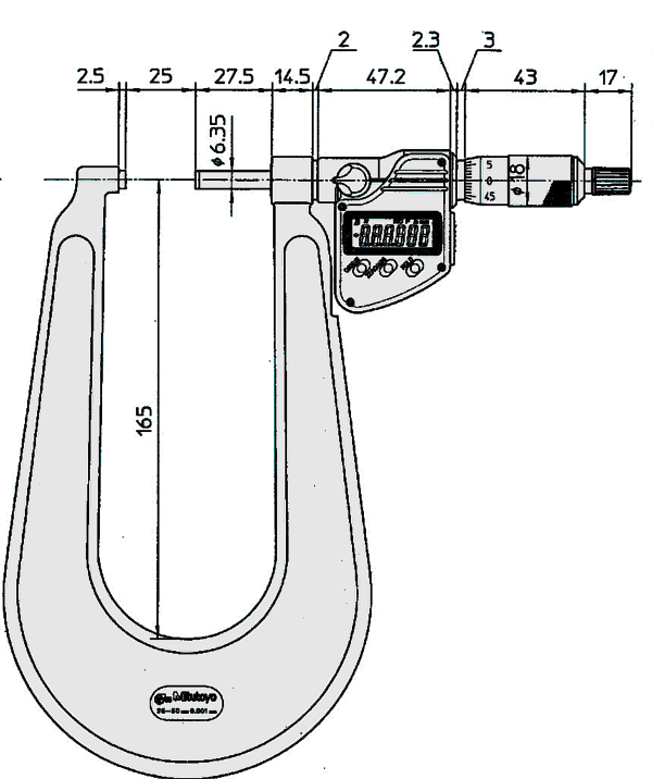 Mitutoyo Digital Sheet Metal Micrometer IP65 Inch/Metric, 1-2", Spherical Anvil/Spindle 389-372-30