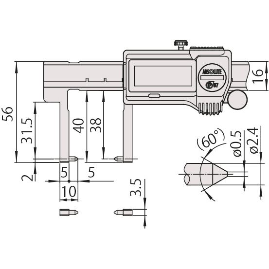 Mitutoyo Digital ABS Neck Caliper Inch/Metric, 0-6", IP67, Thumb Roller 573-752-20